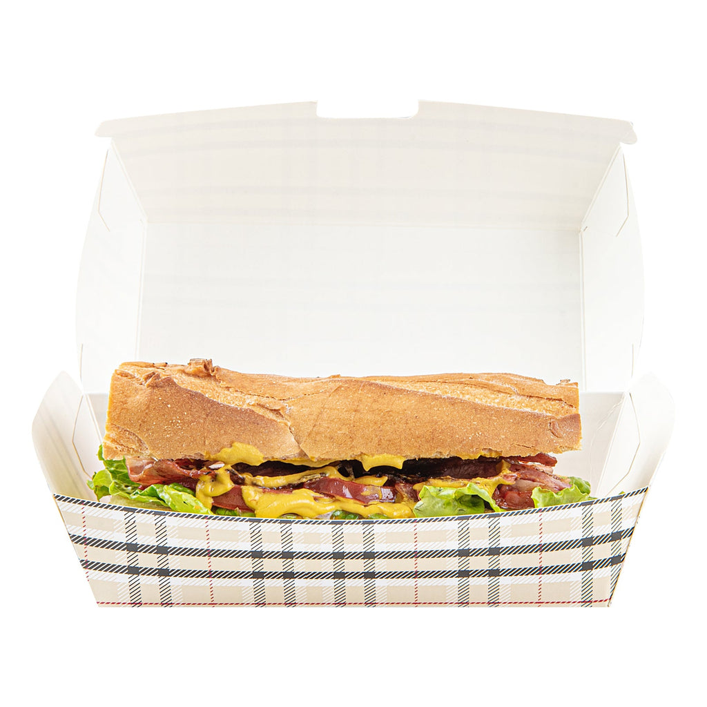 Bio Tek Rectangle Plaid Paper Hot Dog / Sandwich Clamshell Container - 6 3/4" x 3 1/2" x 3 1/2" - 100 count box
