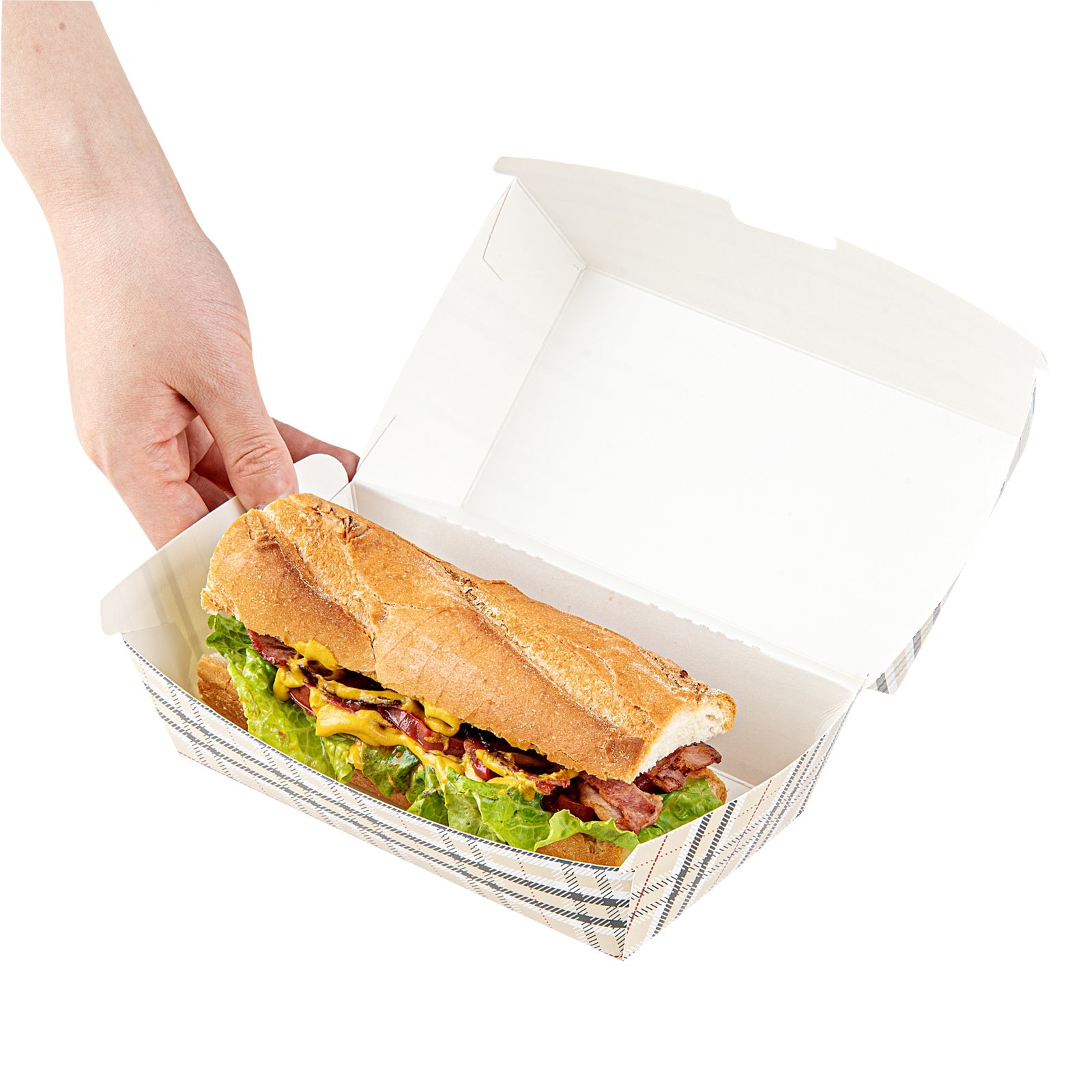 Bio Tek Rectangle Plaid Paper Hot Dog / Sandwich Clamshell Container - 6 3/4" x 3 1/2" x 3 1/2" - 100 count box