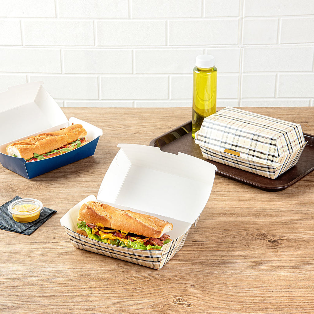 Bio Tek Rectangle Plaid Paper Hot Dog / Sandwich Clamshell Container - 6 3/4" x 3 1/2" x 3 1/2" - 100 count box