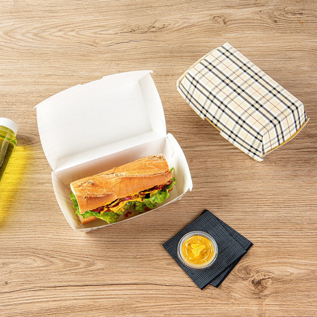 Bio Tek Rectangle Plaid Paper Hot Dog / Sandwich Clamshell Container - 6 3/4" x 3 1/2" x 3 1/2" - 100 count box