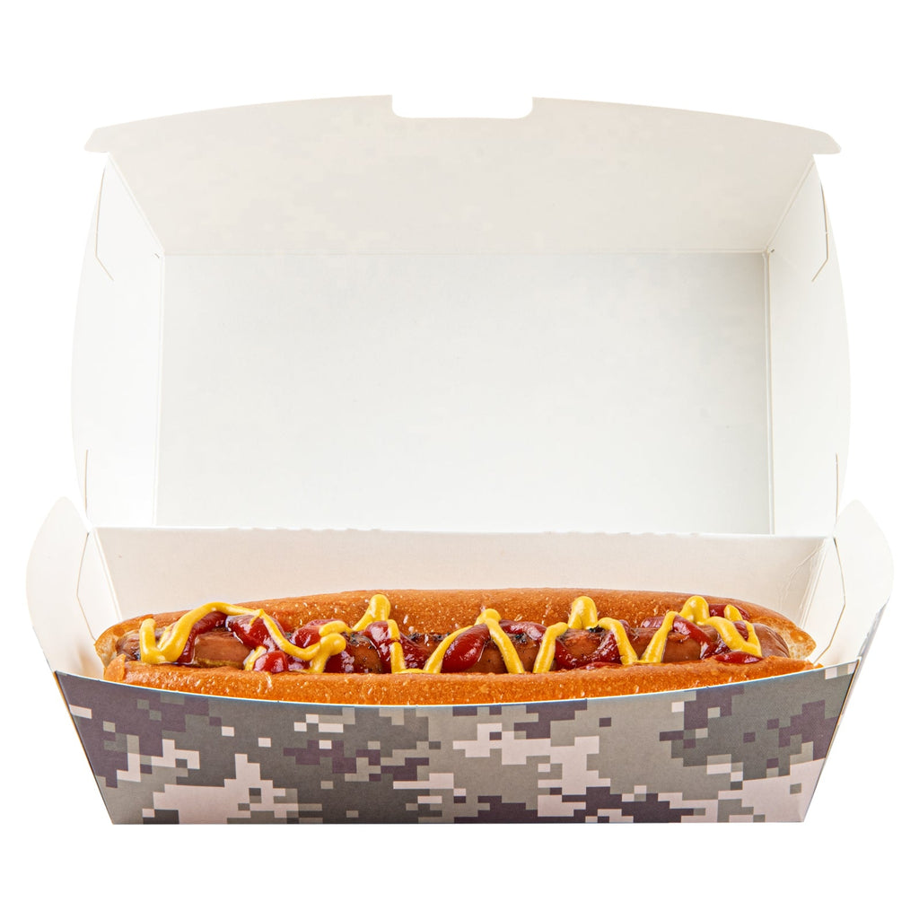 Bio Tek Rectangle Camouflage Paper Hot Dog / Sandwich Clamshell Container - 6 3/4" x 3 1/2" x 3 1/2" - 100 count box