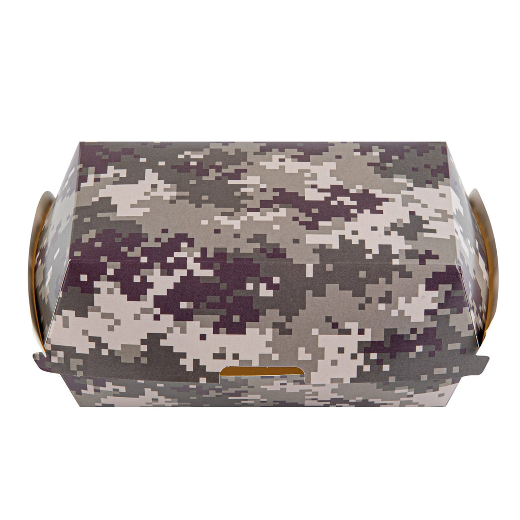 Bio Tek Rectangle Camouflage Paper Hot Dog / Sandwich Clamshell Container - 6 3/4" x 3 1/2" x 3 1/2" - 100 count box