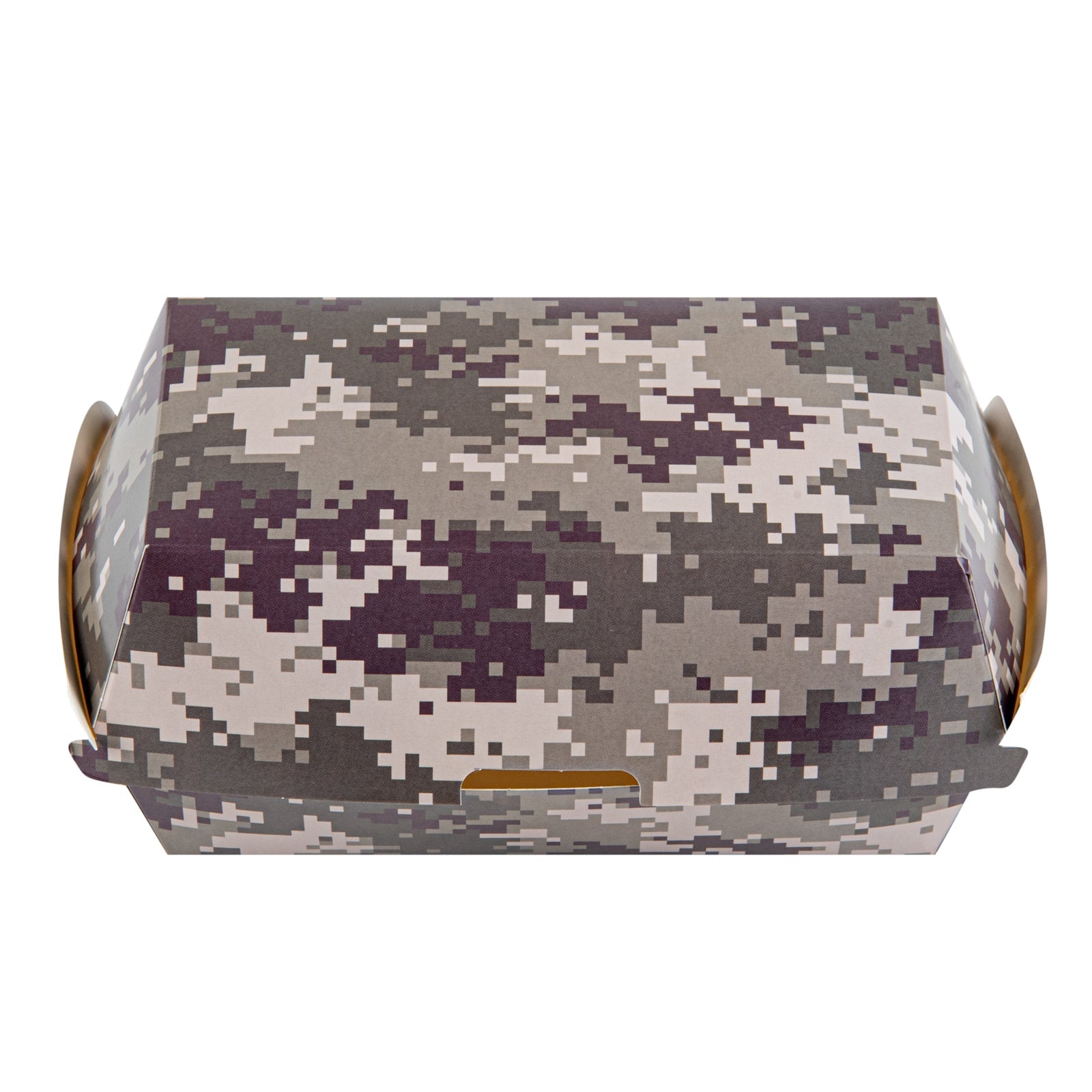 Bio Tek Rectangle Camouflage Paper Hot Dog / Sandwich Clamshell Container - 6 3/4" x 3 1/2" x 3 1/2" - 100 count box