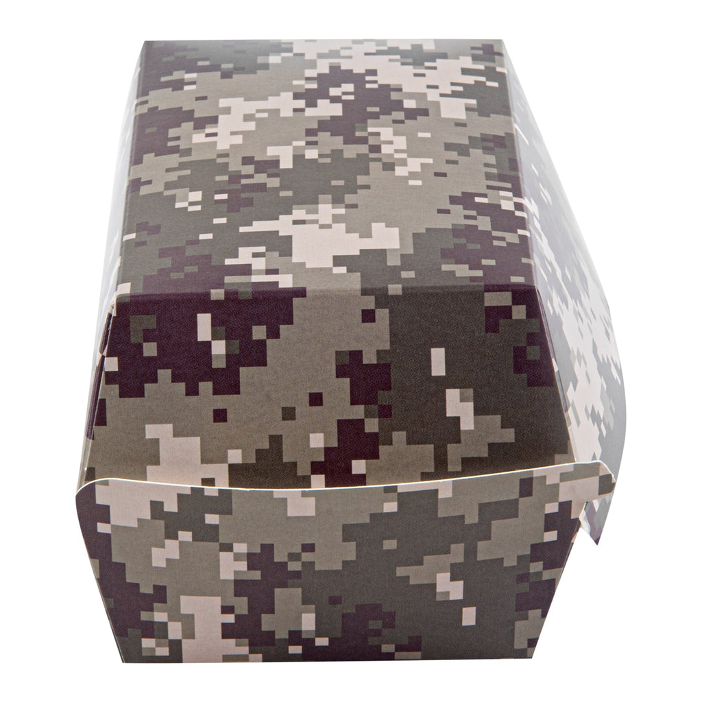 Bio Tek Rectangle Camouflage Paper Hot Dog / Sandwich Clamshell Container - 6 3/4" x 3 1/2" x 3 1/2" - 100 count box