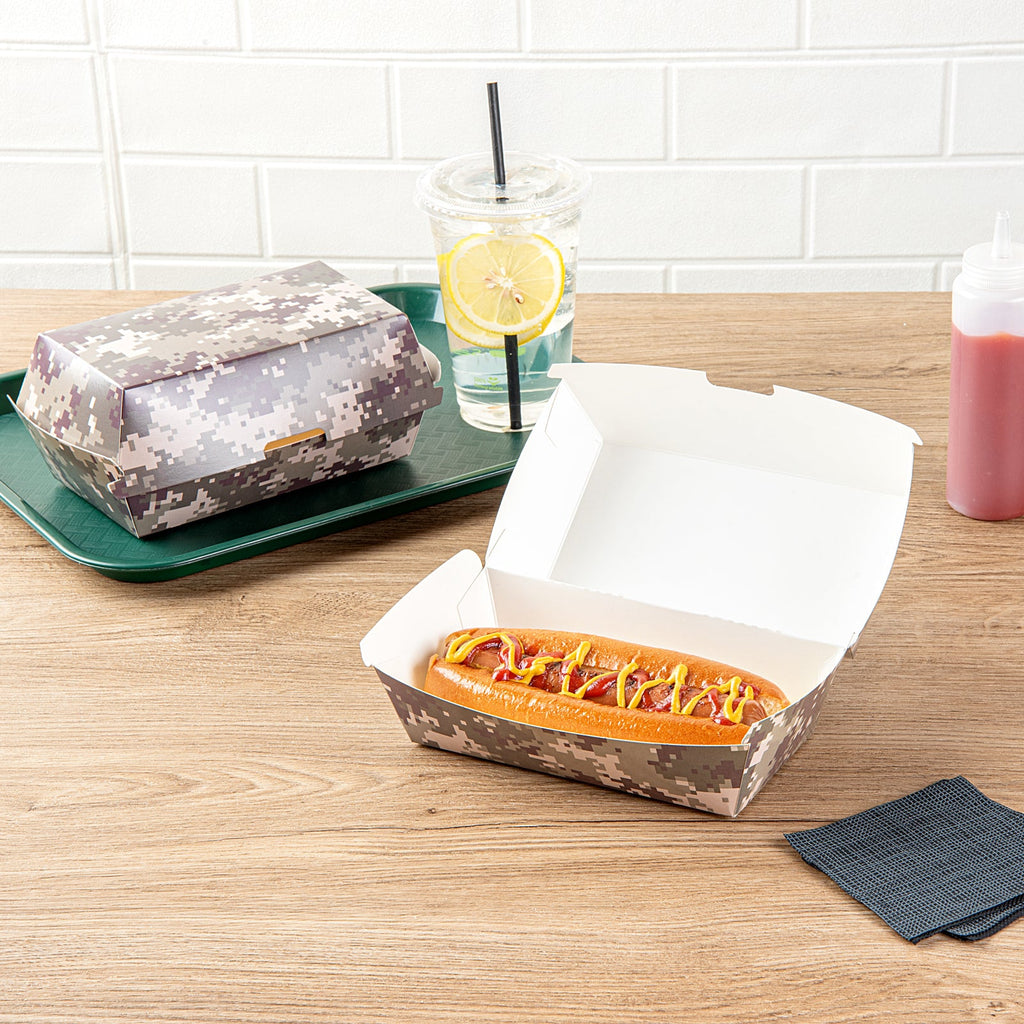 Bio Tek Rectangle Camouflage Paper Hot Dog / Sandwich Clamshell Container - 6 3/4" x 3 1/2" x 3 1/2" - 100 count box