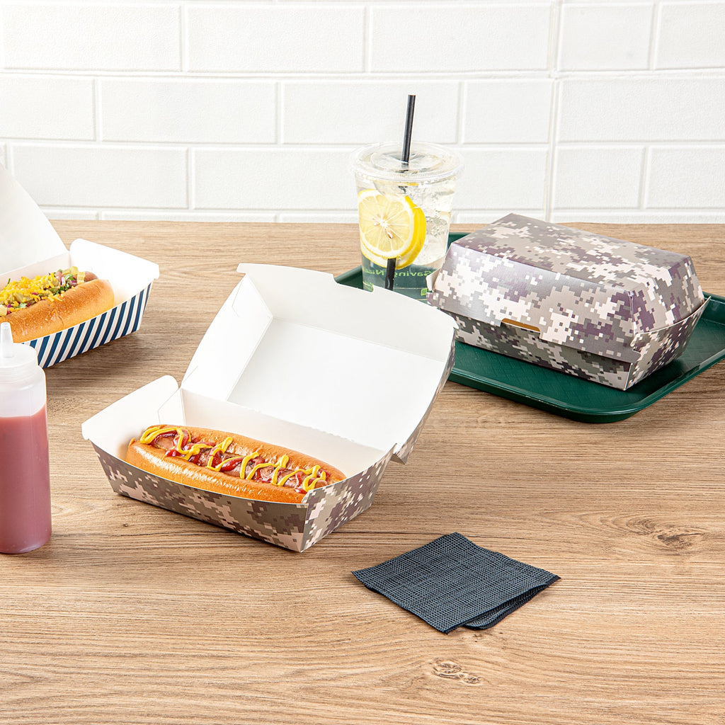 Bio Tek Rectangle Camouflage Paper Hot Dog / Sandwich Clamshell Container - 6 3/4" x 3 1/2" x 3 1/2" - 100 count box
