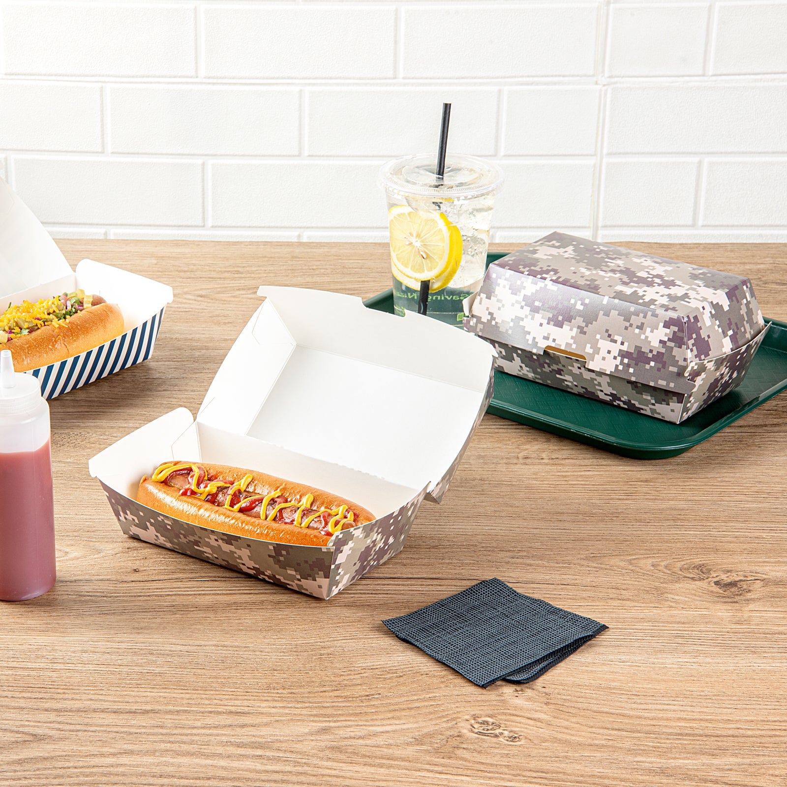 Bio Tek Rectangle Camouflage Paper Hot Dog / Sandwich Clamshell Container - 6 3/4" x 3 1/2" x 3 1/2" - 100 count box
