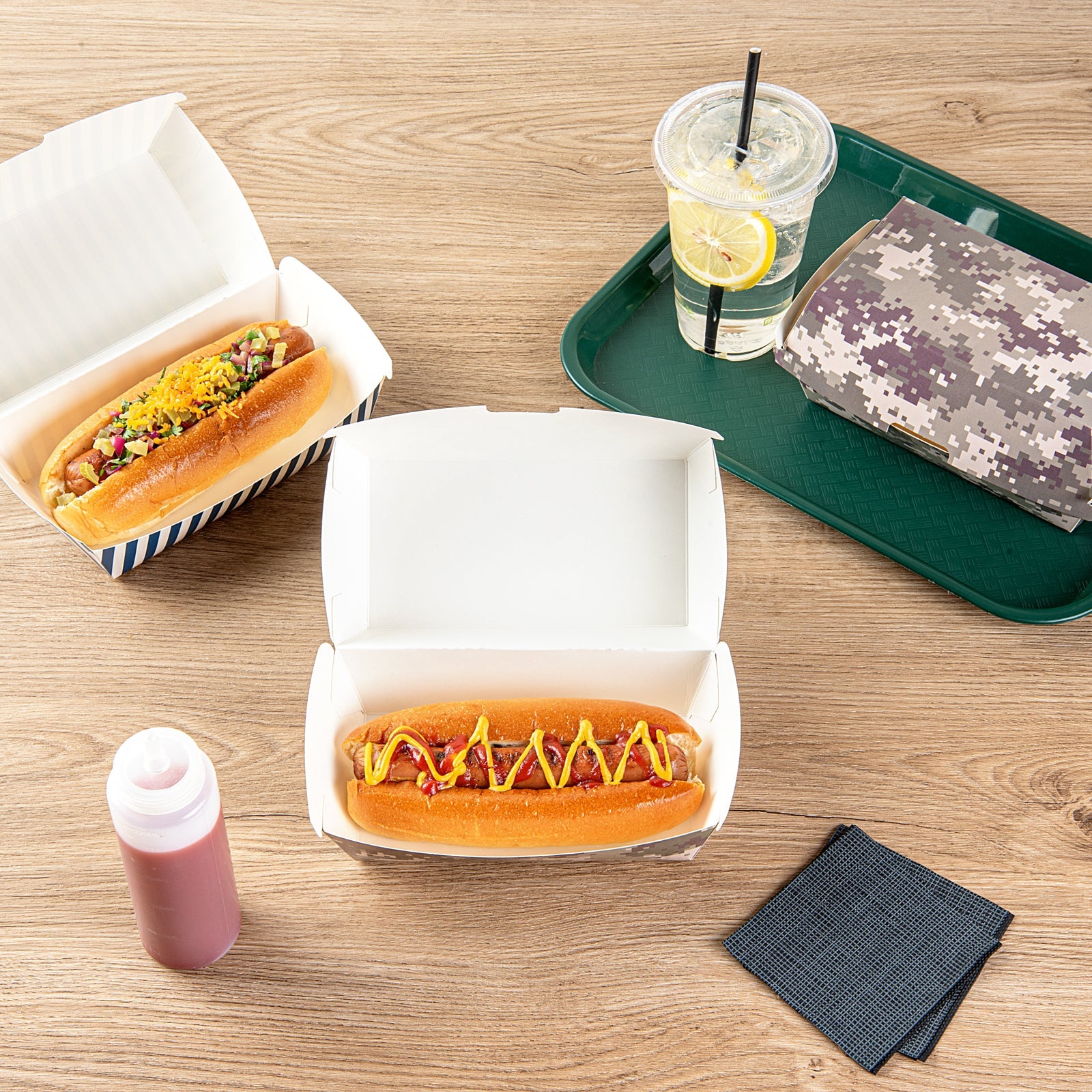 Bio Tek Rectangle Camouflage Paper Hot Dog / Sandwich Clamshell Container - 6 3/4" x 3 1/2" x 3 1/2" - 100 count box
