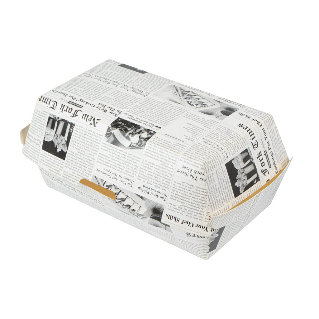 Bio Tek Rectangle Newsprint Paper Hot Dog / Sandwich Clamshell Container - 6 3/4" x 3 1/2" x 3 1/2" - 100 count box