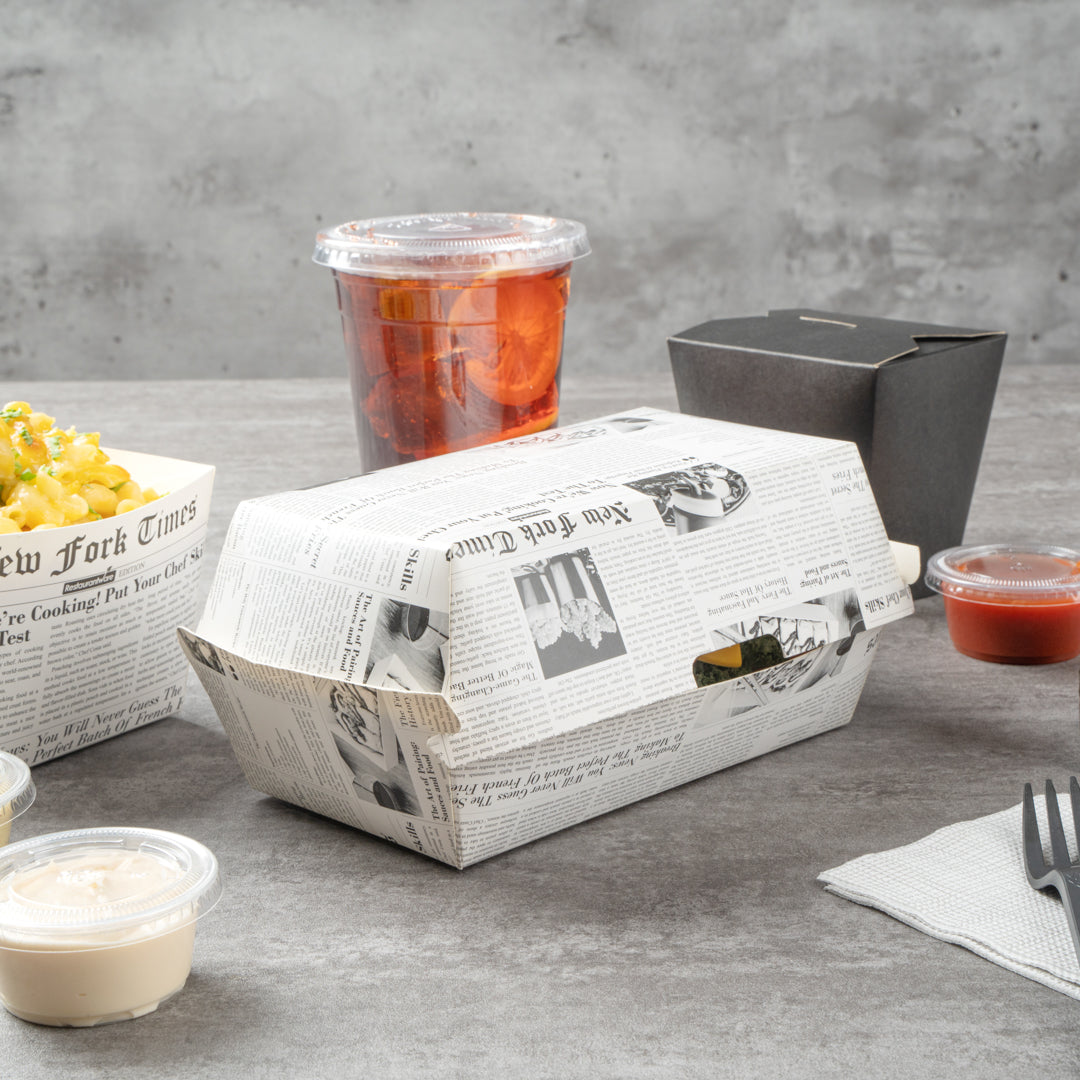 Bio Tek Rectangle Newsprint Paper Hot Dog / Sandwich Clamshell Container - 6 3/4" x 3 1/2" x 3 1/2" - 100 count box