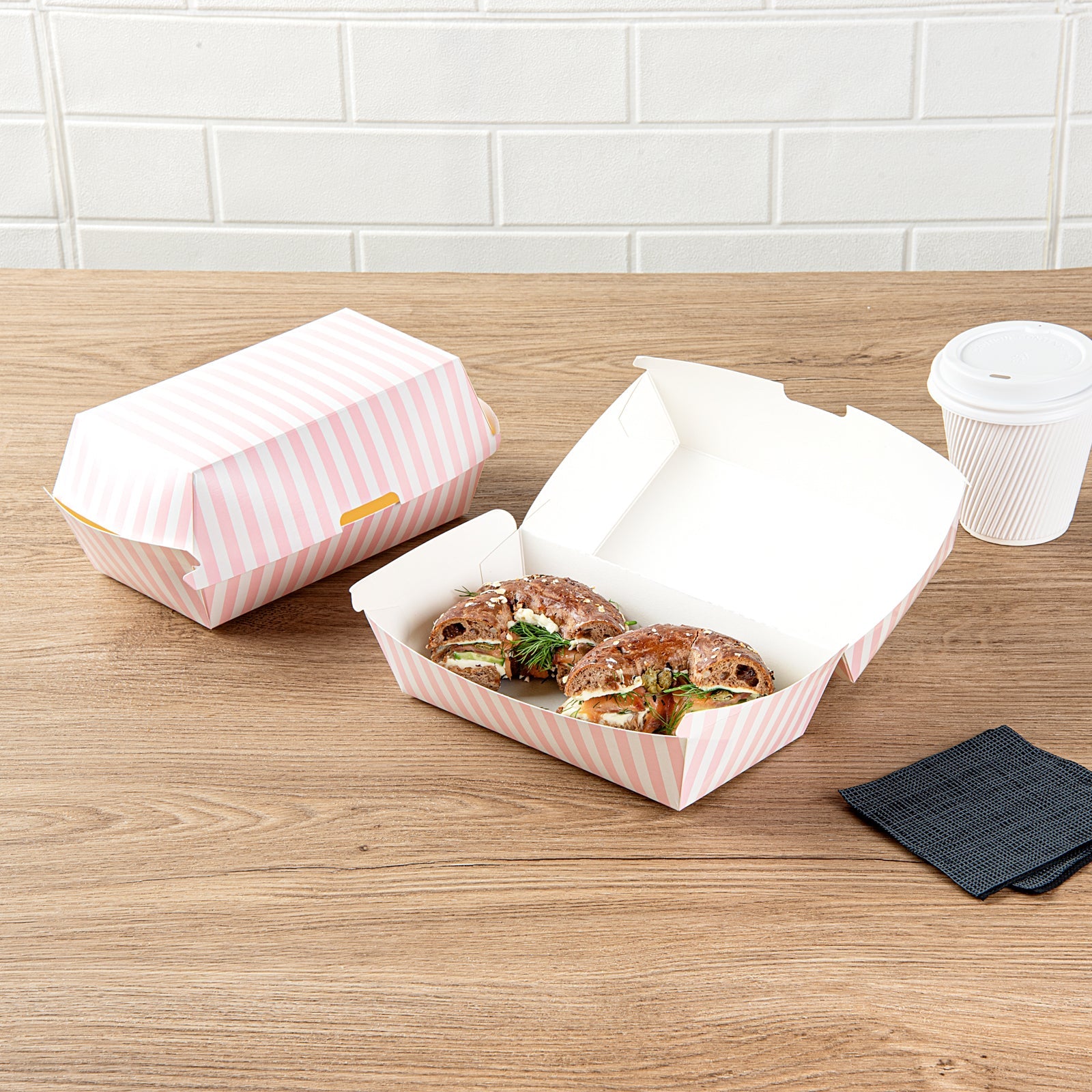 Bio Tek Rectangle Pink and White Stripe Paper Hot Dog / Sandwich Clamshell Container - 6 3/4" x 3 1/2" x 3 1/2" - 100 count box