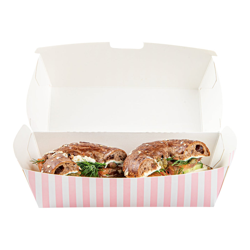 Bio Tek Rectangle Pink and White Stripe Paper Hot Dog / Sandwich Clamshell Container - 6 3/4" x 3 1/2" x 3 1/2" - 100 count box