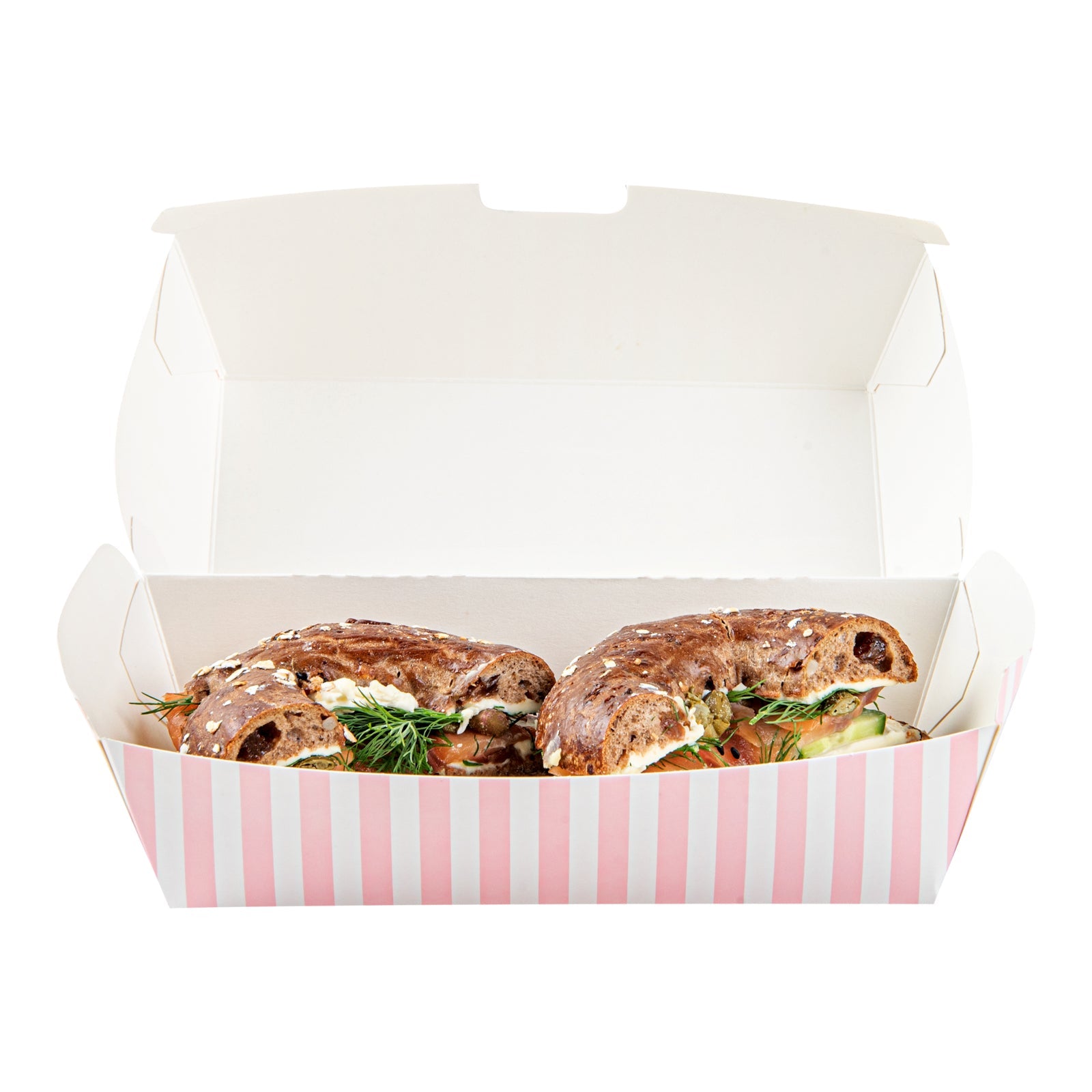 Bio Tek Rectangle Pink and White Stripe Paper Hot Dog / Sandwich Clamshell Container - 6 3/4" x 3 1/2" x 3 1/2" - 100 count box