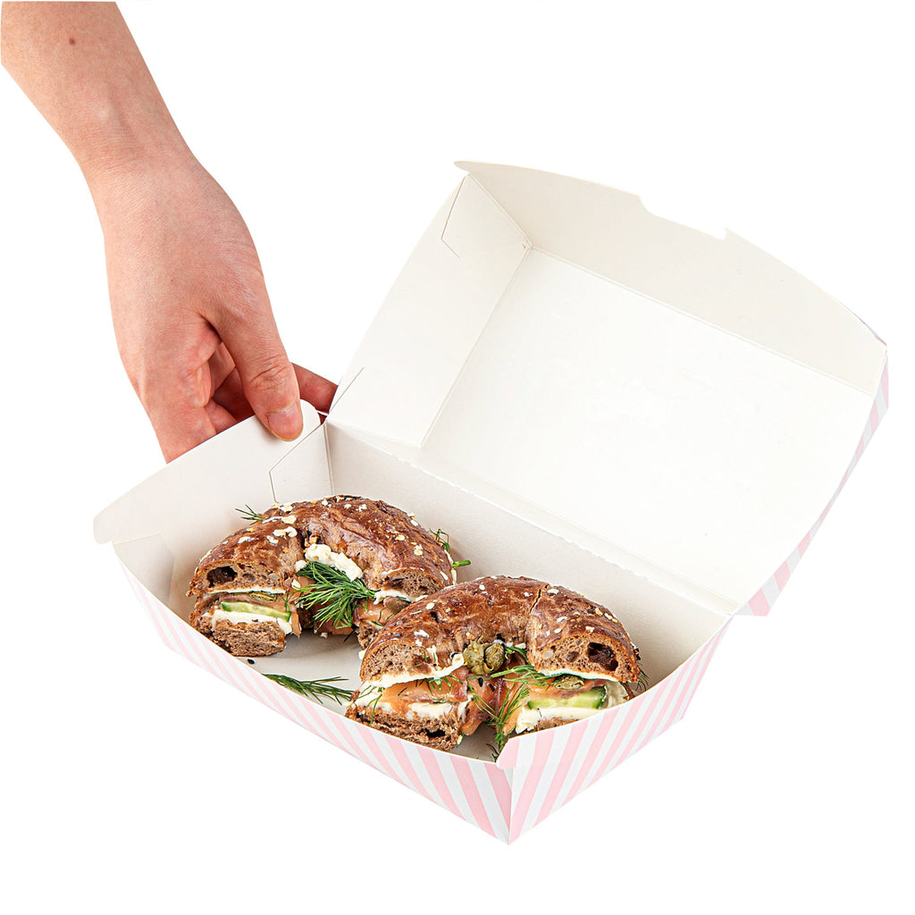 Bio Tek Rectangle Pink and White Stripe Paper Hot Dog / Sandwich Clamshell Container - 6 3/4" x 3 1/2" x 3 1/2" - 100 count box
