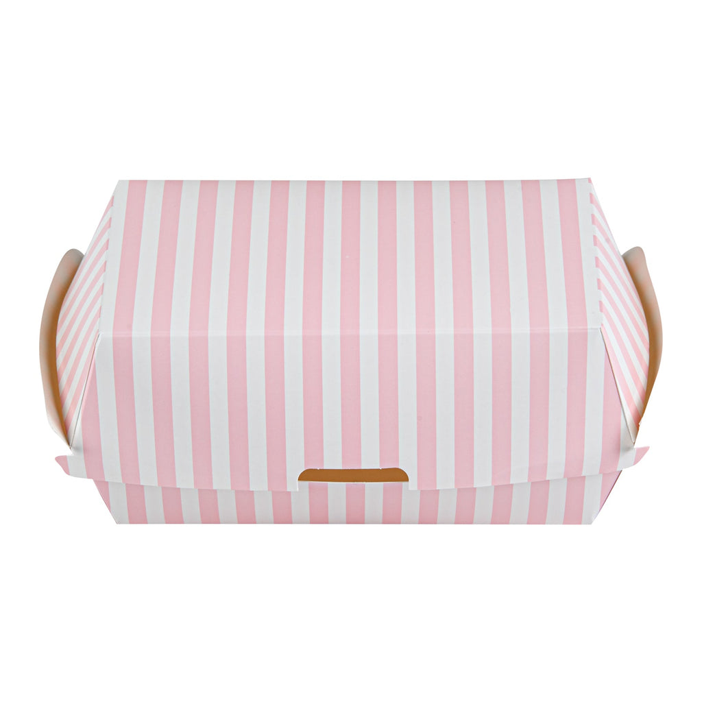 Bio Tek Rectangle Pink and White Stripe Paper Hot Dog / Sandwich Clamshell Container - 6 3/4" x 3 1/2" x 3 1/2" - 100 count box