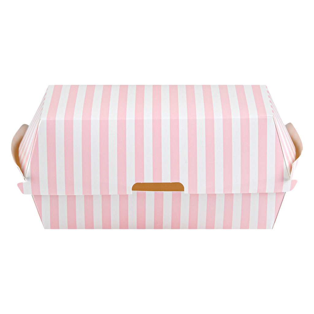 Bio Tek Rectangle Pink and White Stripe Paper Hot Dog / Sandwich Clamshell Container - 6 3/4" x 3 1/2" x 3 1/2" - 100 count box