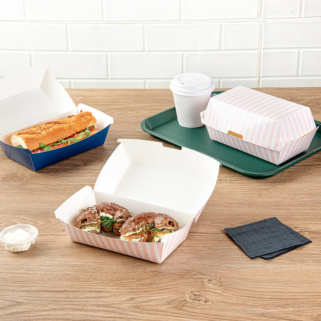 Bio Tek Rectangle Pink and White Stripe Paper Hot Dog / Sandwich Clamshell Container - 6 3/4" x 3 1/2" x 3 1/2" - 100 count box