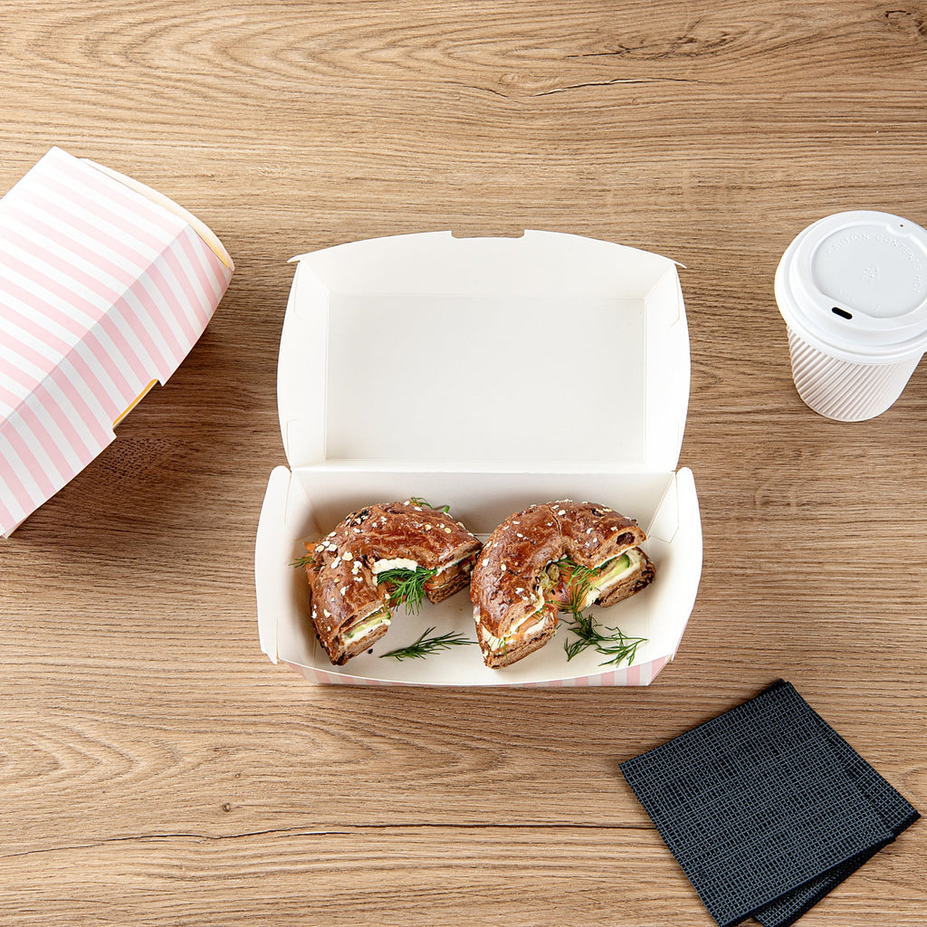 Bio Tek Rectangle Pink and White Stripe Paper Hot Dog / Sandwich Clamshell Container - 6 3/4" x 3 1/2" x 3 1/2" - 100 count box