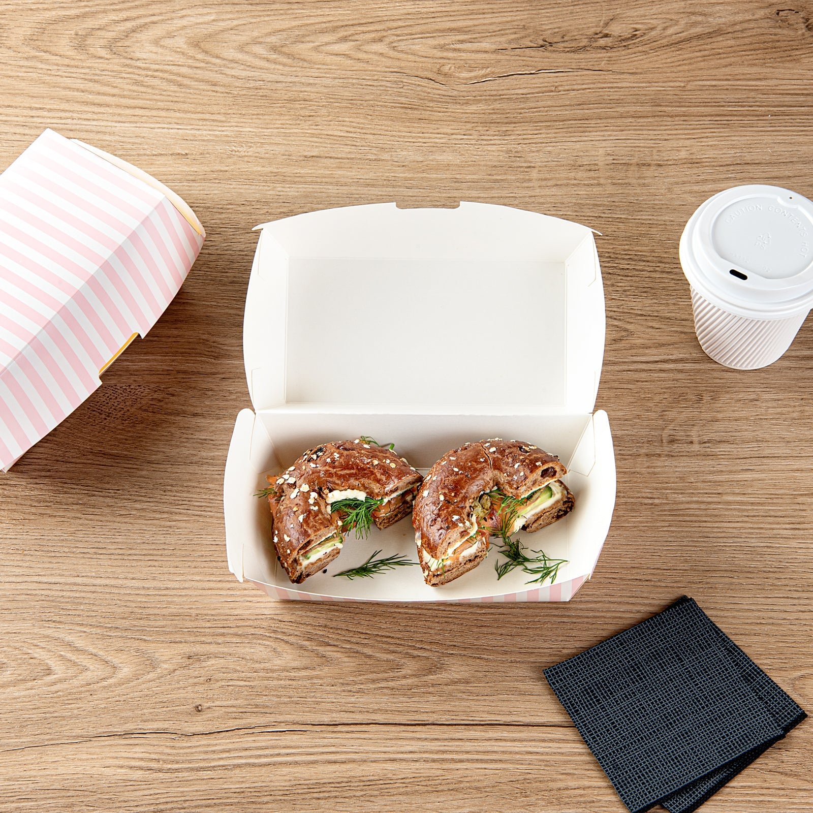Bio Tek Rectangle Pink and White Stripe Paper Hot Dog / Sandwich Clamshell Container - 6 3/4" x 3 1/2" x 3 1/2" - 100 count box