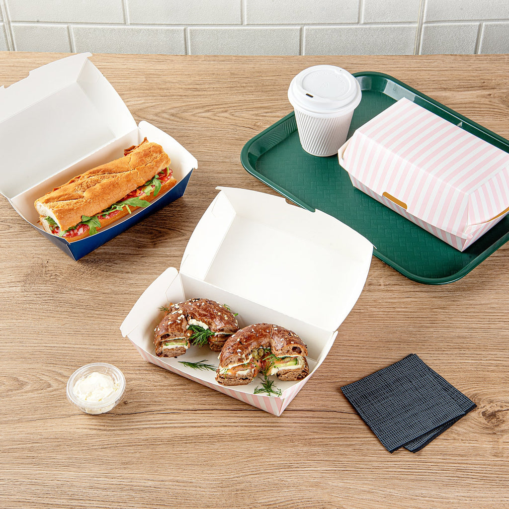 Bio Tek Rectangle Pink and White Stripe Paper Hot Dog / Sandwich Clamshell Container - 6 3/4" x 3 1/2" x 3 1/2" - 100 count box