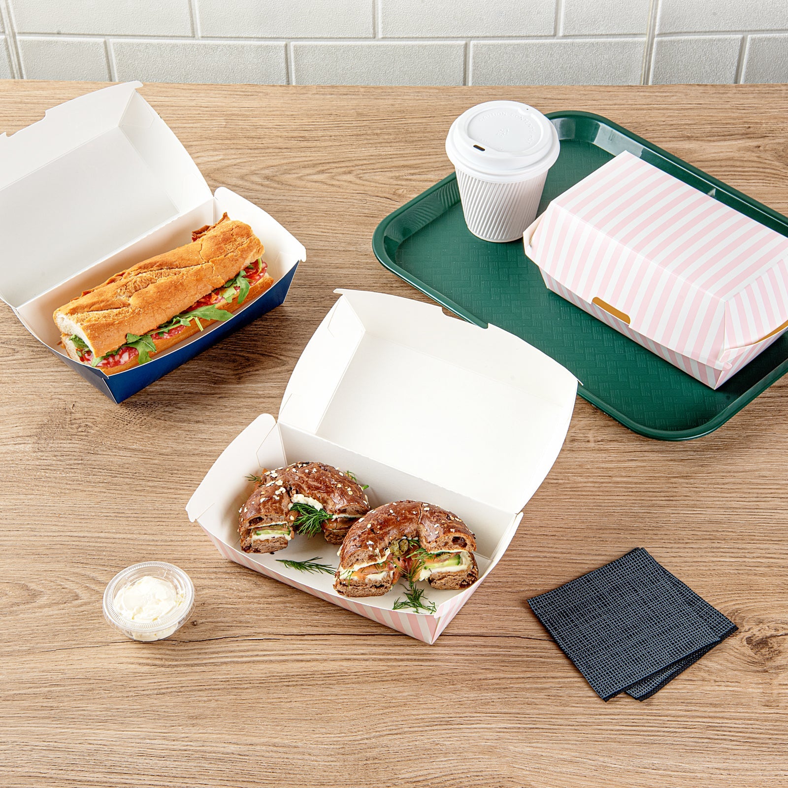 Bio Tek Rectangle Pink and White Stripe Paper Hot Dog / Sandwich Clamshell Container - 6 3/4" x 3 1/2" x 3 1/2" - 100 count box