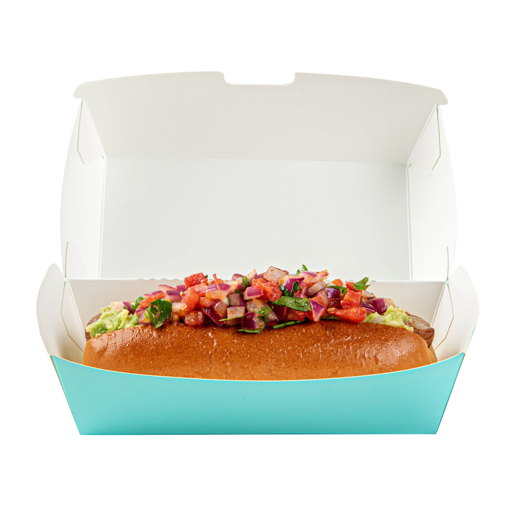 Bio Tek Rectangle Turquoise Paper Hot Dog / Sandwich Clamshell Container - 6 3/4" x 3 1/2" x 3 1/2" - 100 count box