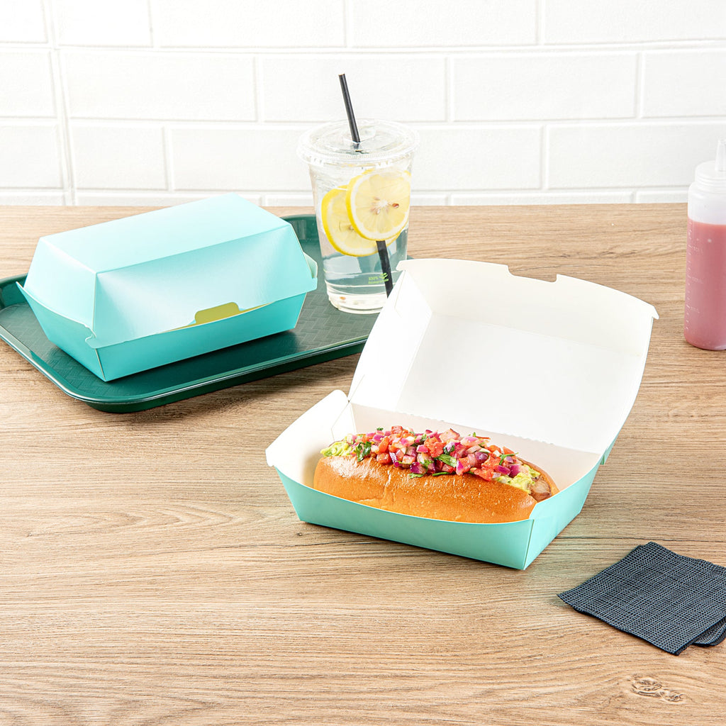 Bio Tek Rectangle Turquoise Paper Hot Dog / Sandwich Clamshell Container - 6 3/4" x 3 1/2" x 3 1/2" - 100 count box