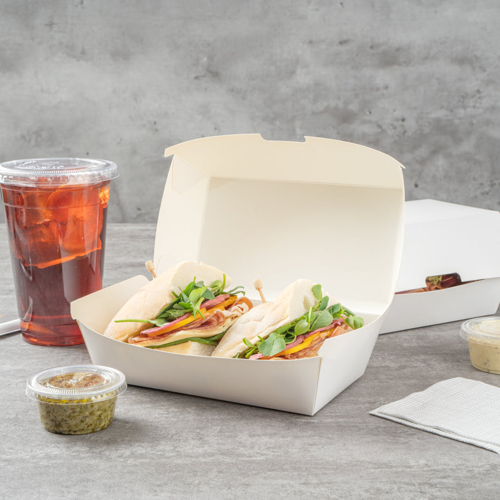 Bio Tek Rectangle White Paper Hot Dog / Sandwich Clamshell Container - 6 3/4" x 3 1/2" x 3 1/2" - 100 count box