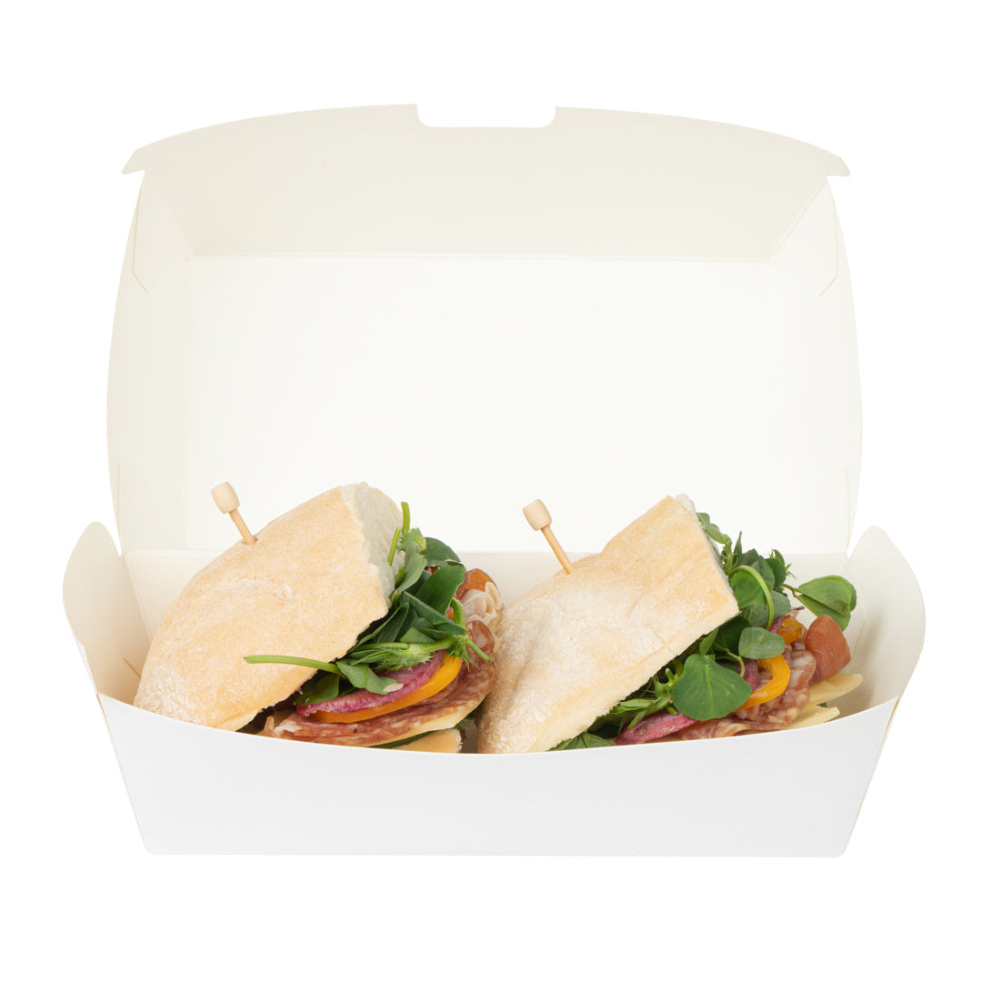 Bio Tek Rectangle White Paper Hot Dog / Sandwich Clamshell Container - 6 3/4" x 3 1/2" x 3 1/2" - 100 count box