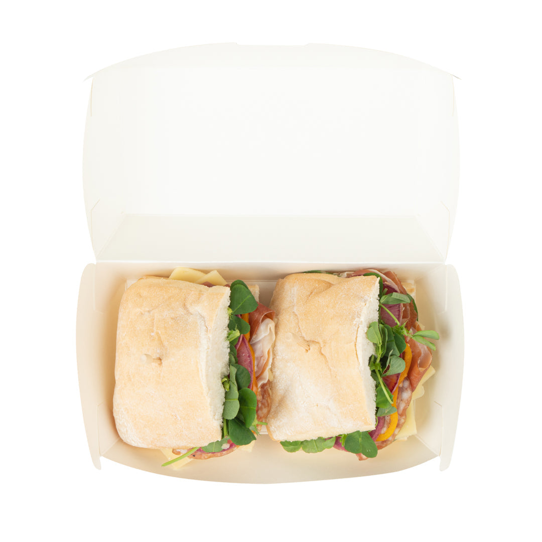 Bio Tek Rectangle White Paper Hot Dog / Sandwich Clamshell Container - 6 3/4" x 3 1/2" x 3 1/2" - 100 count box