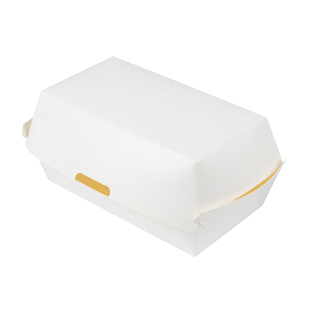 Bio Tek Rectangle White Paper Hot Dog / Sandwich Clamshell Container - 6 3/4" x 3 1/2" x 3 1/2" - 100 count box