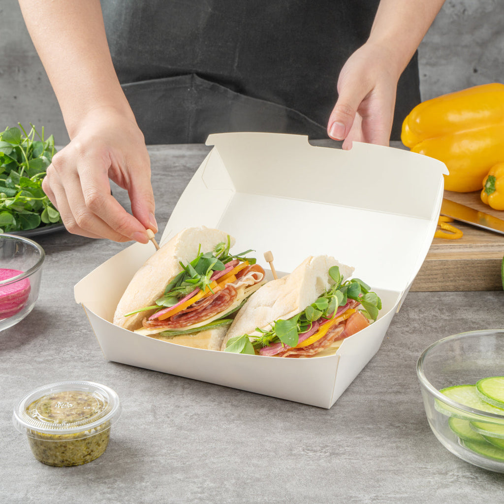 Bio Tek Rectangle White Paper Hot Dog / Sandwich Clamshell Container - 6 3/4" x 3 1/2" x 3 1/2" - 100 count box