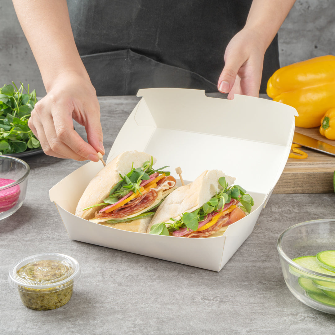 Bio Tek Rectangle White Paper Hot Dog / Sandwich Clamshell Container - 6 3/4" x 3 1/2" x 3 1/2" - 100 count box