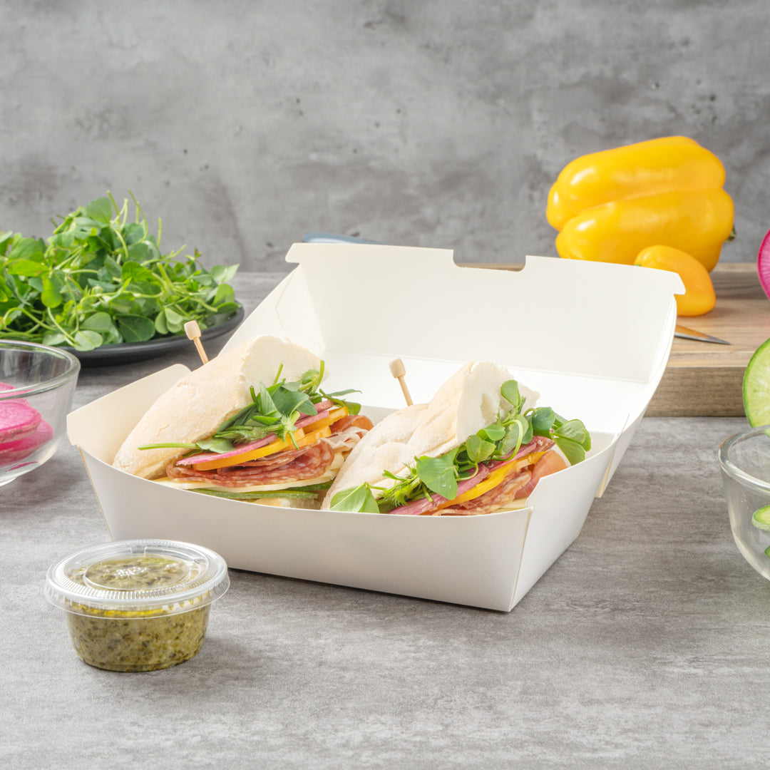 Bio Tek Rectangle White Paper Hot Dog / Sandwich Clamshell Container - 6 3/4" x 3 1/2" x 3 1/2" - 100 count box