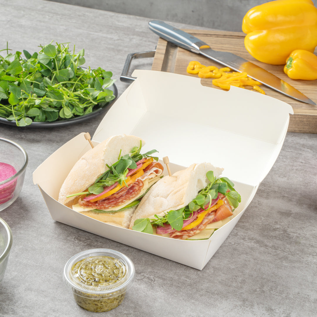 Bio Tek Rectangle White Paper Hot Dog / Sandwich Clamshell Container - 6 3/4" x 3 1/2" x 3 1/2" - 100 count box