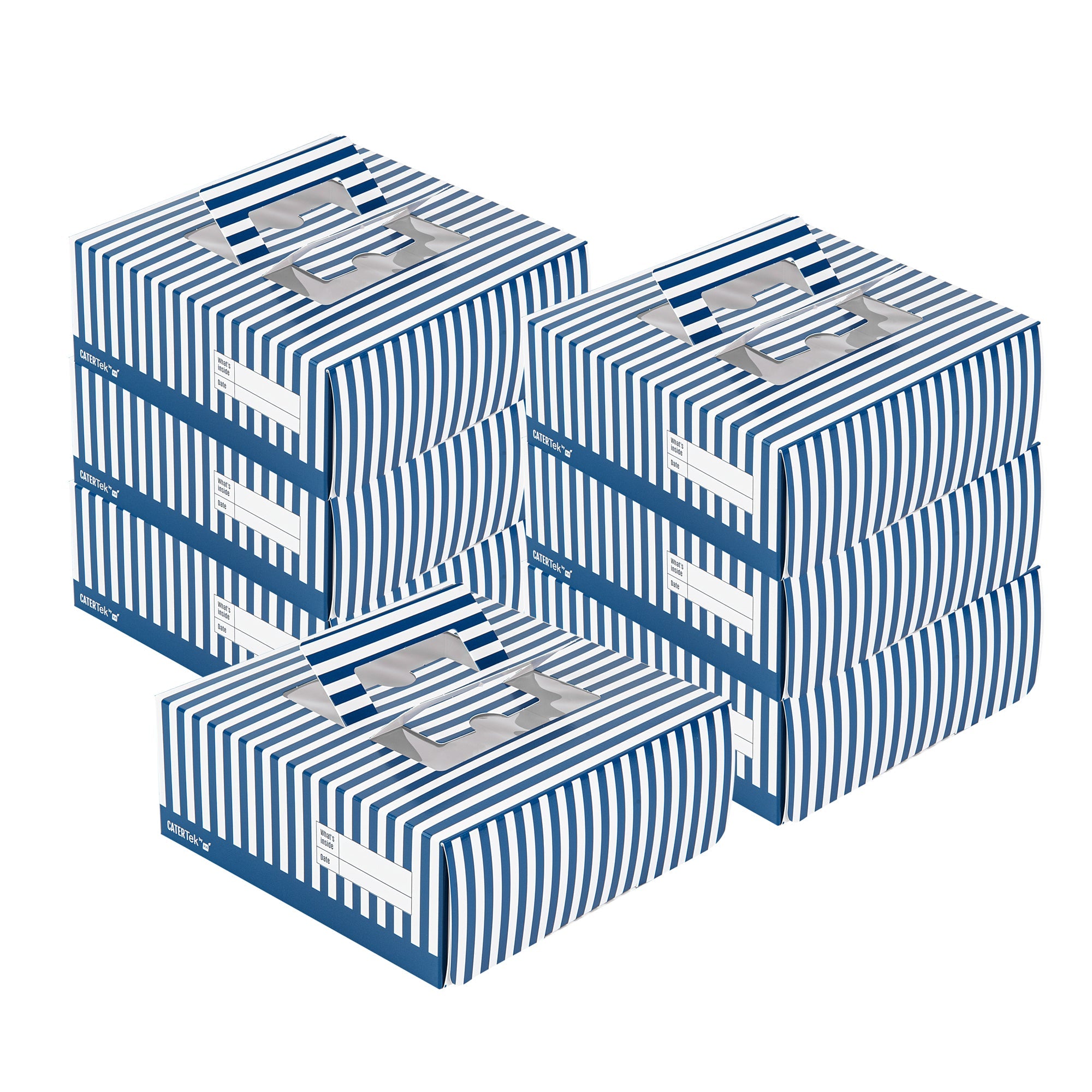 Cater Tek Square Blue and White Stripe Paper Cake / Take Out Container - with Pop-Up Handle, Window - 9" x 9" x 3 1/2" - 50 count box