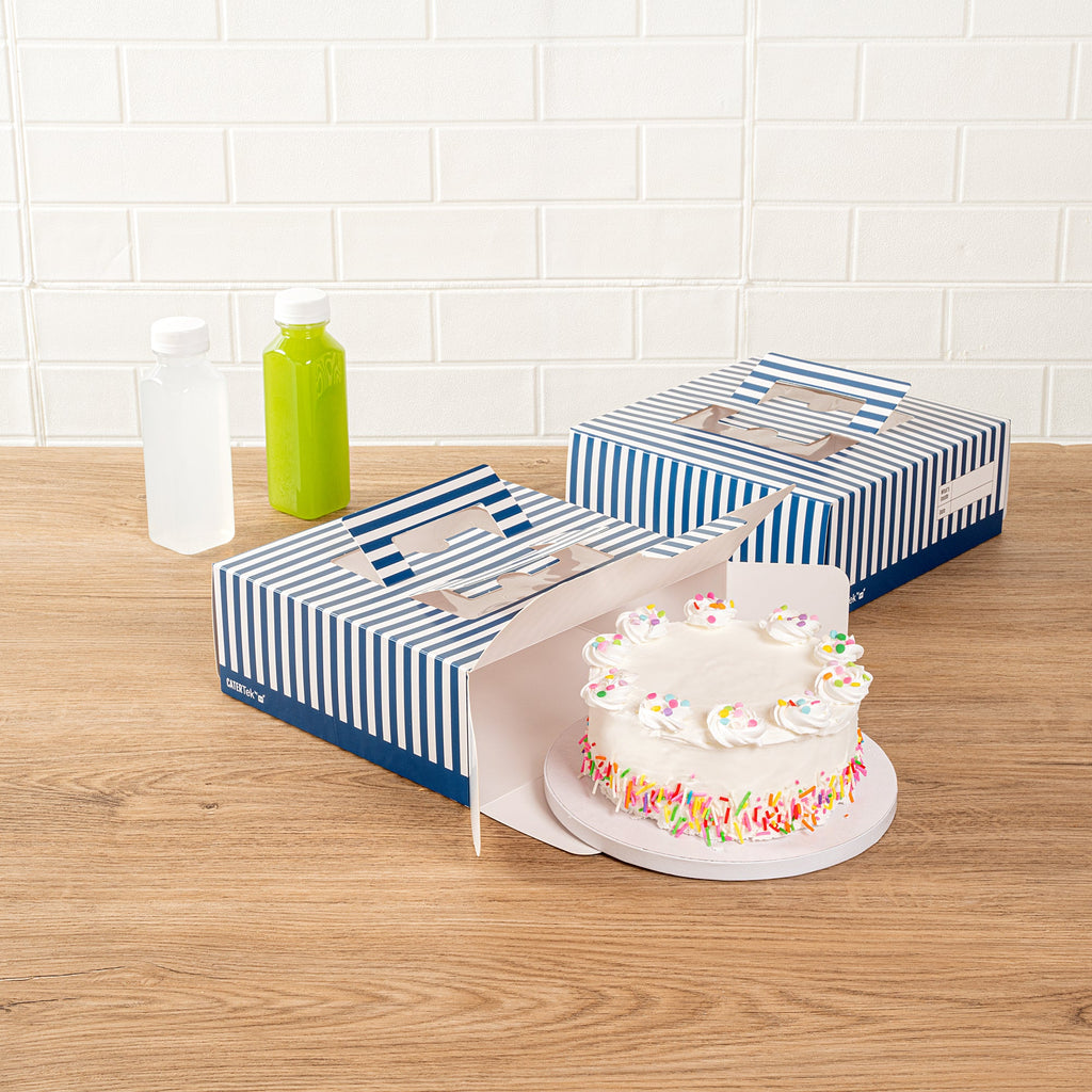 Cater Tek Square Blue and White Stripe Paper Cake / Take Out Container - with Pop-Up Handle, Window - 9" x 9" x 3 1/2" - 50 count box
