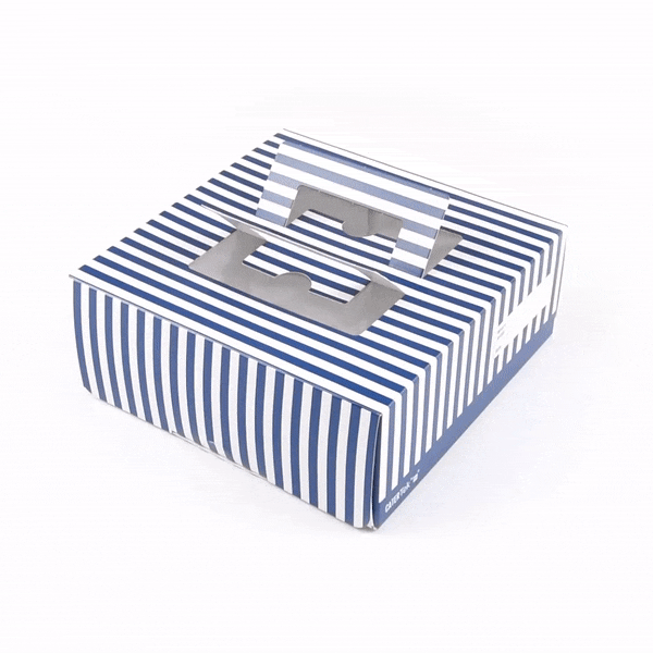 Cater Tek Square Blue and White Stripe Paper Cake / Take Out Container - with Pop-Up Handle, Window - 9" x 9" x 3 1/2" - 50 count box