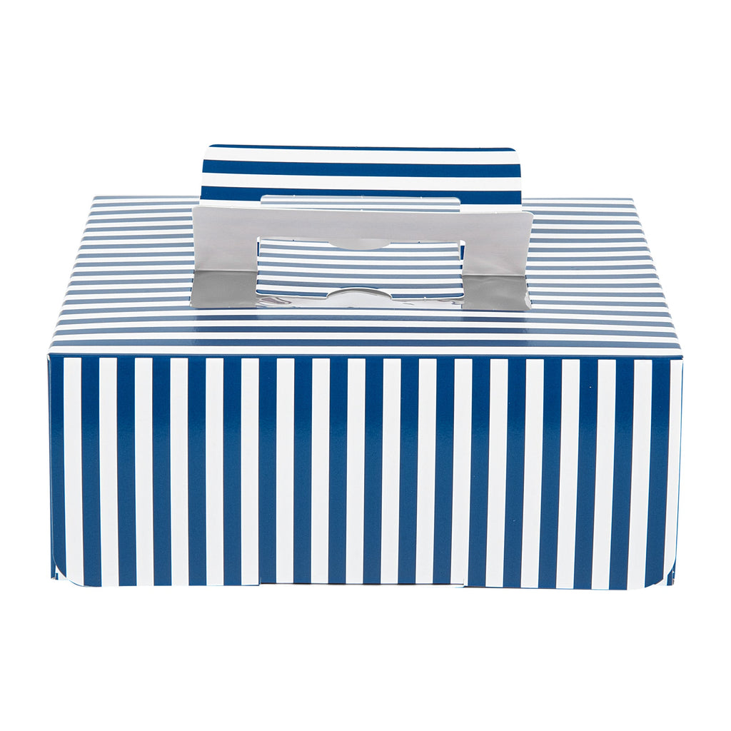 Cater Tek Square Blue and White Stripe Paper Cake / Take Out Container - with Pop-Up Handle, Window - 9" x 9" x 3 1/2" - 50 count box