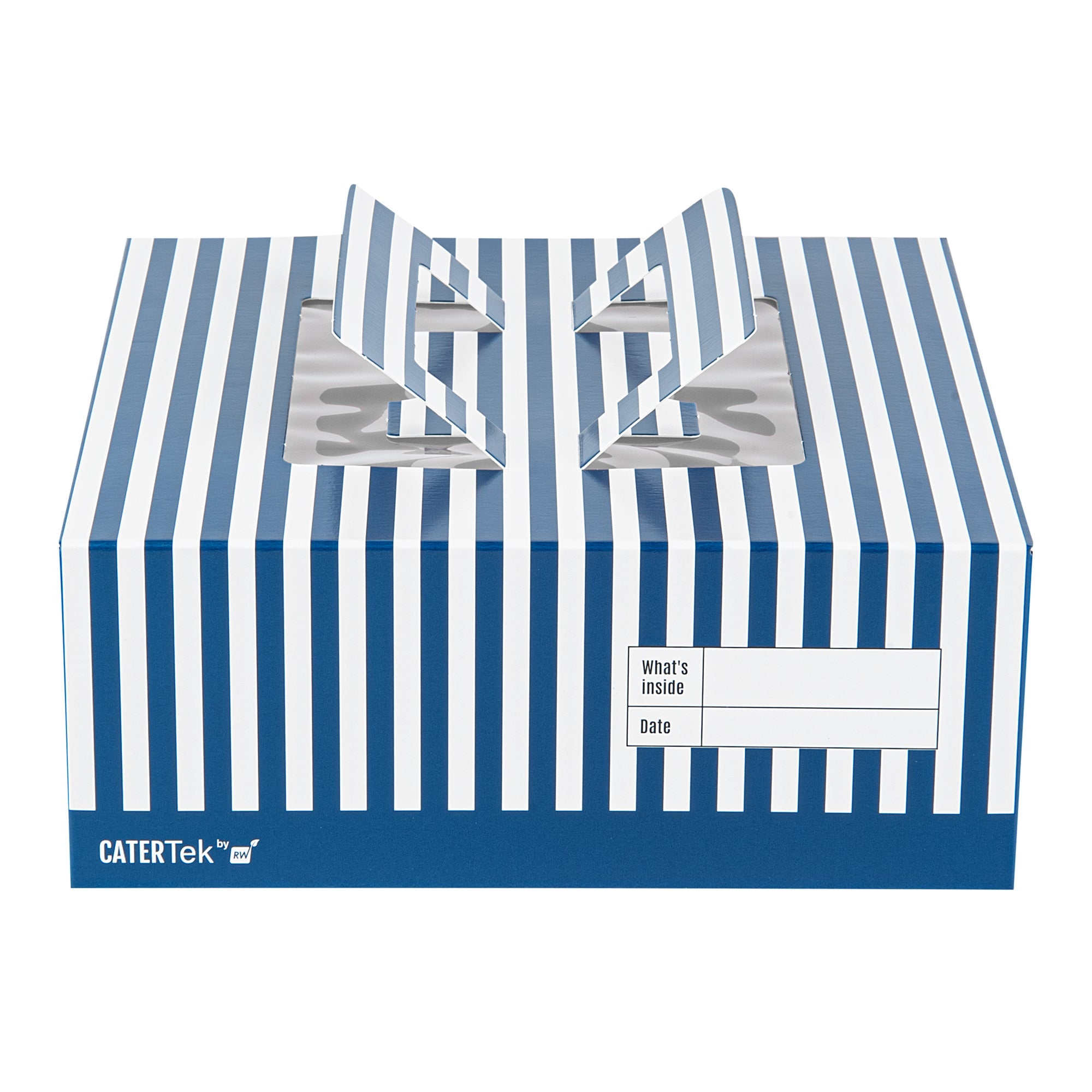 Cater Tek Square Blue and White Stripe Paper Cake / Take Out Container - with Pop-Up Handle, Window - 9" x 9" x 3 1/2" - 50 count box
