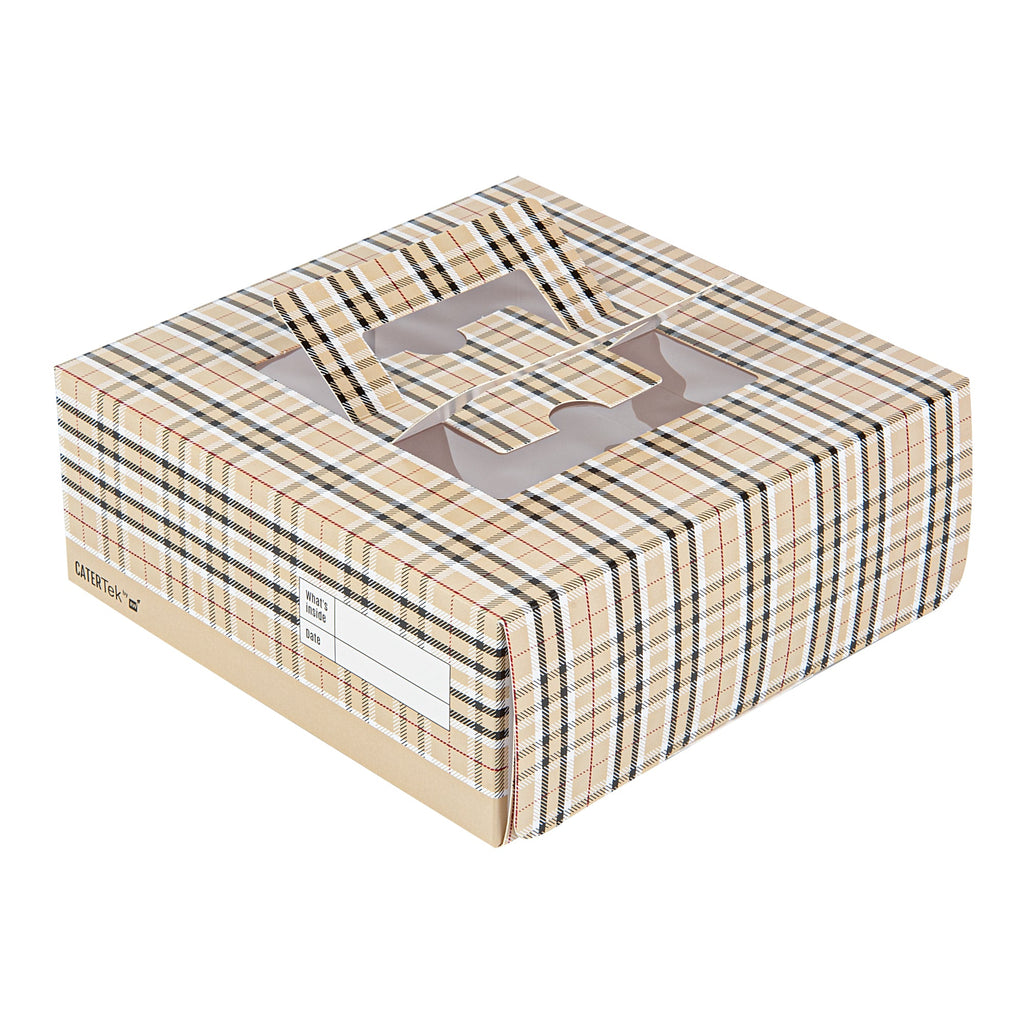 Cater Tek Square Plaid Paper Cake / Take Out Container - with Pop-Up Handle, Window - 9" x 9" x 3 1/2" - 50 count box