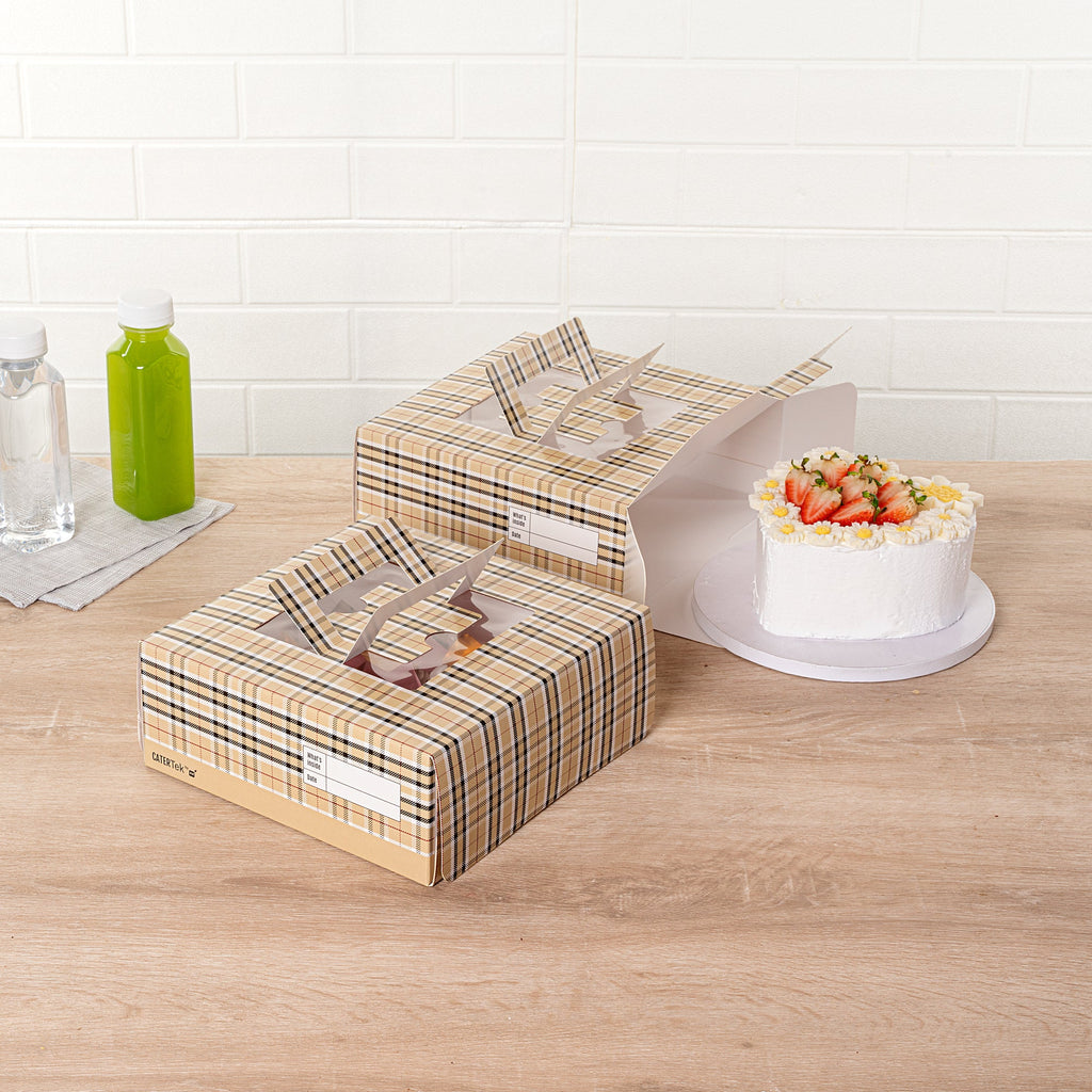 Cater Tek Square Plaid Paper Cake / Take Out Container - with Pop-Up Handle, Window - 9" x 9" x 3 1/2" - 50 count box
