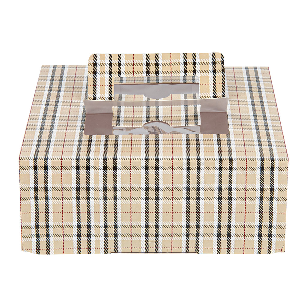 Cater Tek Square Plaid Paper Cake / Take Out Container - with Pop-Up Handle, Window - 9" x 9" x 3 1/2" - 50 count box