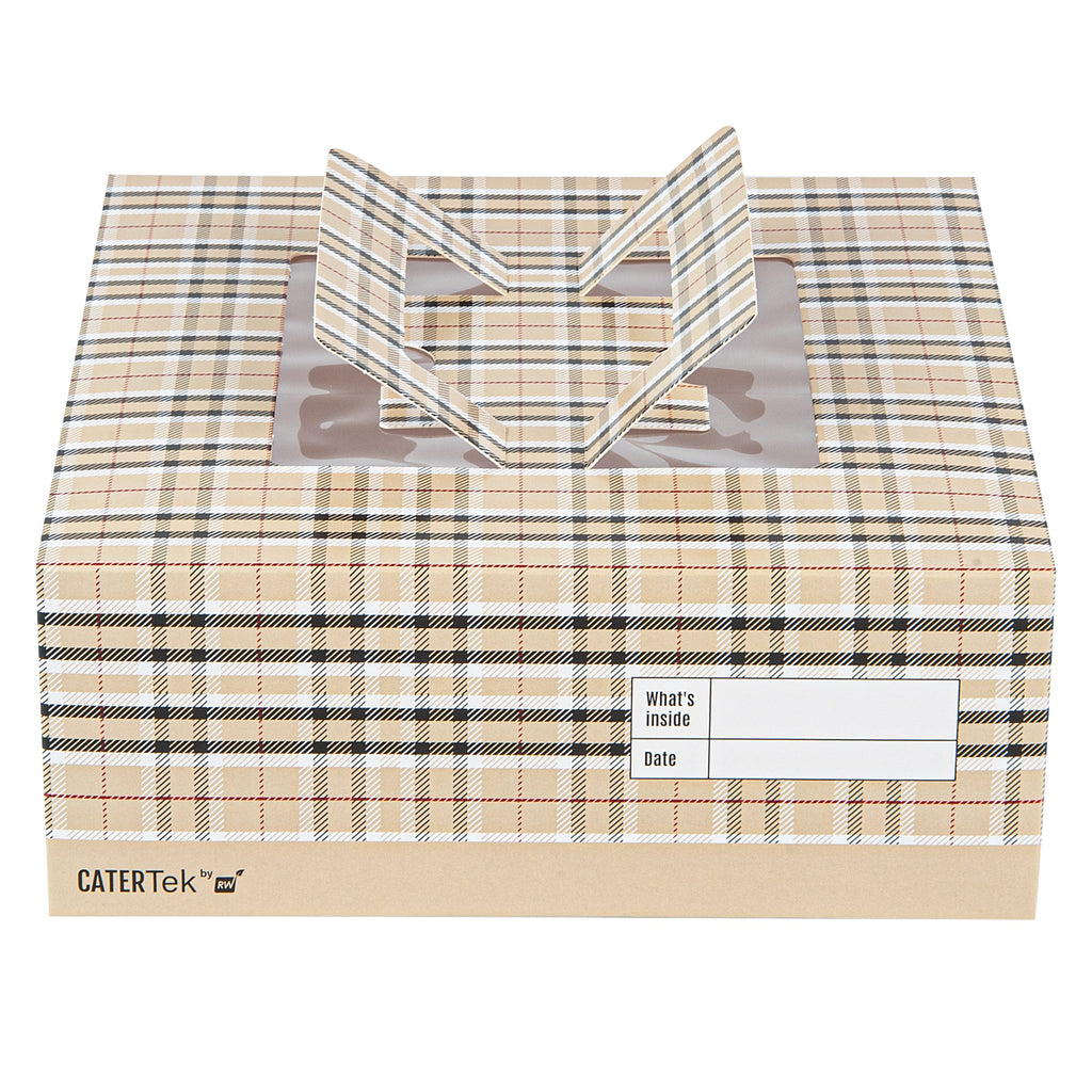 Cater Tek Square Plaid Paper Cake / Take Out Container - with Pop-Up Handle, Window - 9" x 9" x 3 1/2" - 50 count box