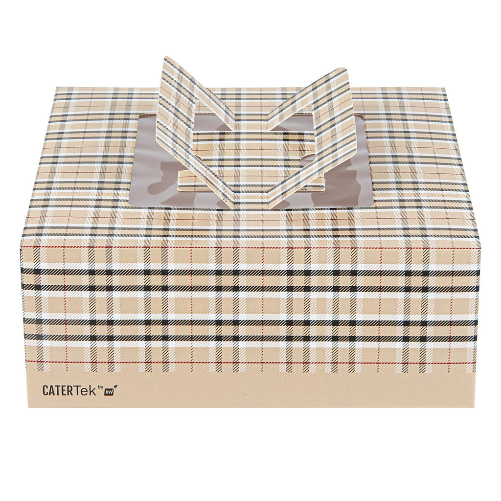 Cater Tek Square Plaid Paper Cake / Take Out Container - with Pop-Up Handle, Window - 9" x 9" x 3 1/2" - 50 count box