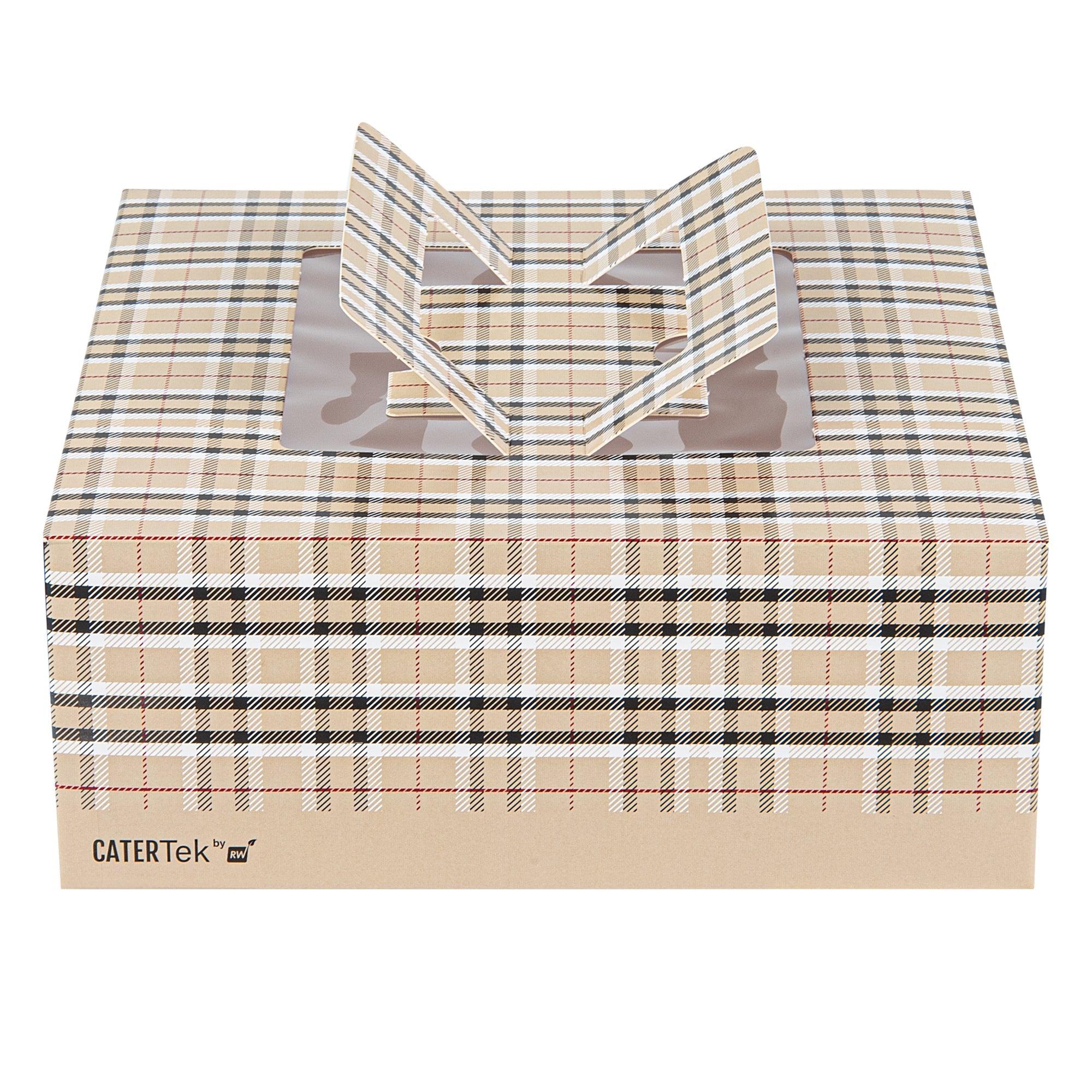 Cater Tek Square Plaid Paper Cake / Take Out Container - with Pop-Up Handle, Window - 9" x 9" x 3 1/2" - 50 count box