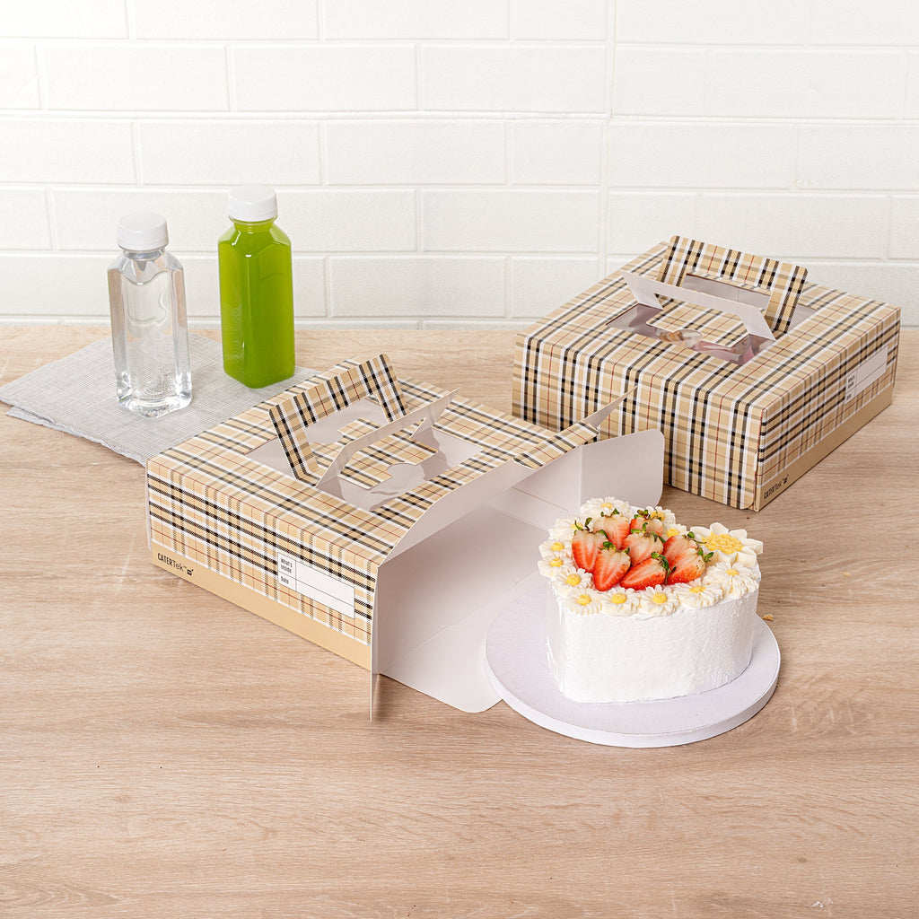 Cater Tek Square Plaid Paper Cake / Take Out Container - with Pop-Up Handle, Window - 9" x 9" x 3 1/2" - 50 count box