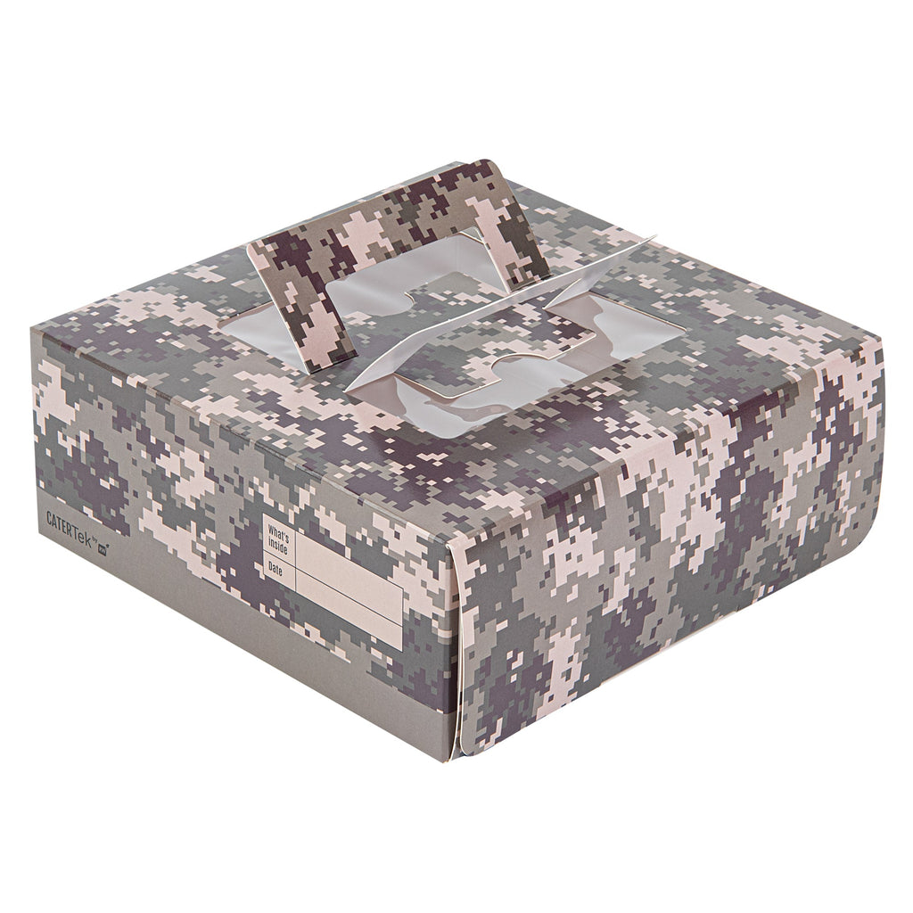 Cater Tek Square Camouflage Paper Cake / Take Out Container - with Pop-Up Handle, Window - 9" x 9" x 3 1/2" - 50 count box