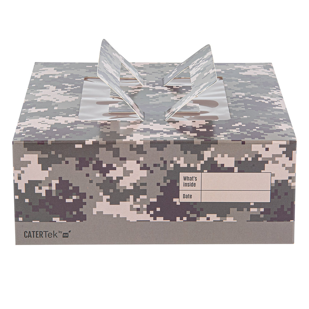 Cater Tek Square Camouflage Paper Cake / Take Out Container - with Pop-Up Handle, Window - 9" x 9" x 3 1/2" - 50 count box