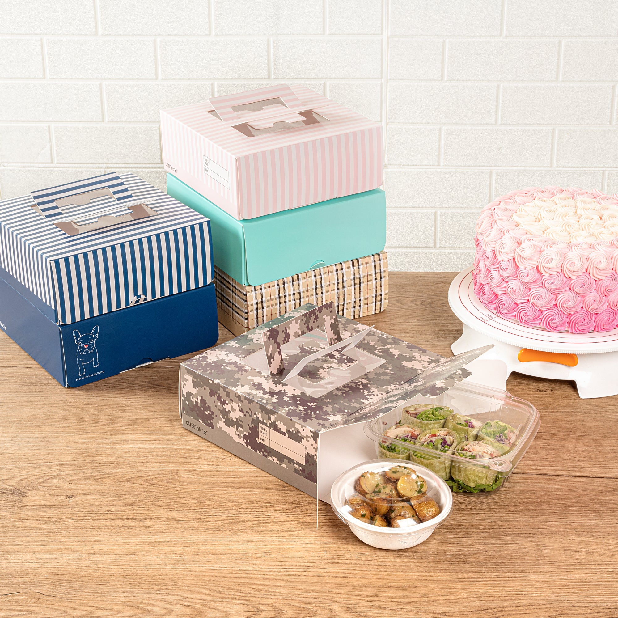 Cater Tek Square Camouflage Paper Cake / Take Out Container - with Pop-Up Handle, Window - 9" x 9" x 3 1/2" - 50 count box